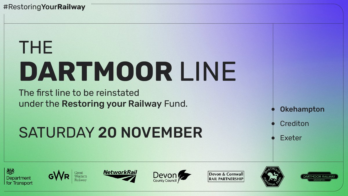 transportgovuk's tweet image. 🚆 The Dartmoor Line officially reopens for public service today!
 
With services running every 2 hours, the reopening of this line will help reconnect cut-off communities and help boost jobs.
 
#RestoringYourRailway #LevellingUp
 
@GWRHelp @NetworkRail @DevonCC