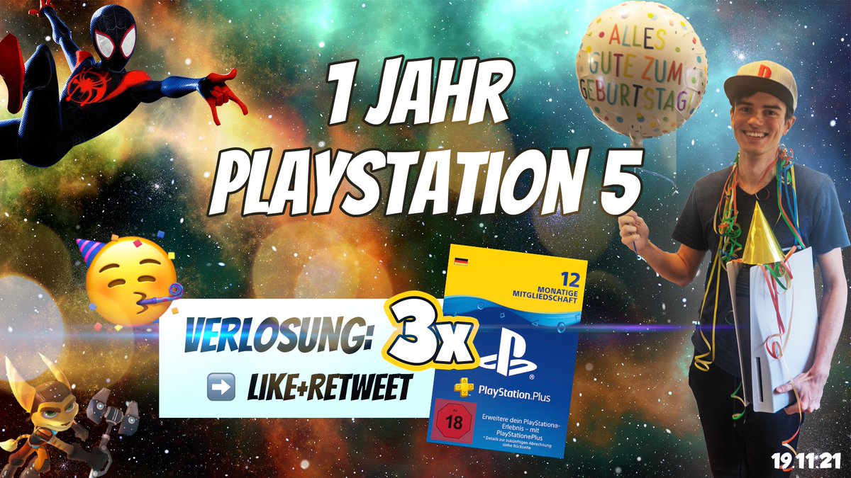 Heute vor einem Jahr ist die PlayStation 5 in Europa erschienen. HAPPY BIRTHDAY! 🥳

Zur Feier des Tages verlose ich 3x 1 Jahr PS Plus Codes ➡️ LIKE+RETWEET

PS Plus gibt es jetzt zum Black Friday für nur 37,59€ 🤯 Die besten Black Friday Gaming Deals ➡️ foraum.de/p/7Pd