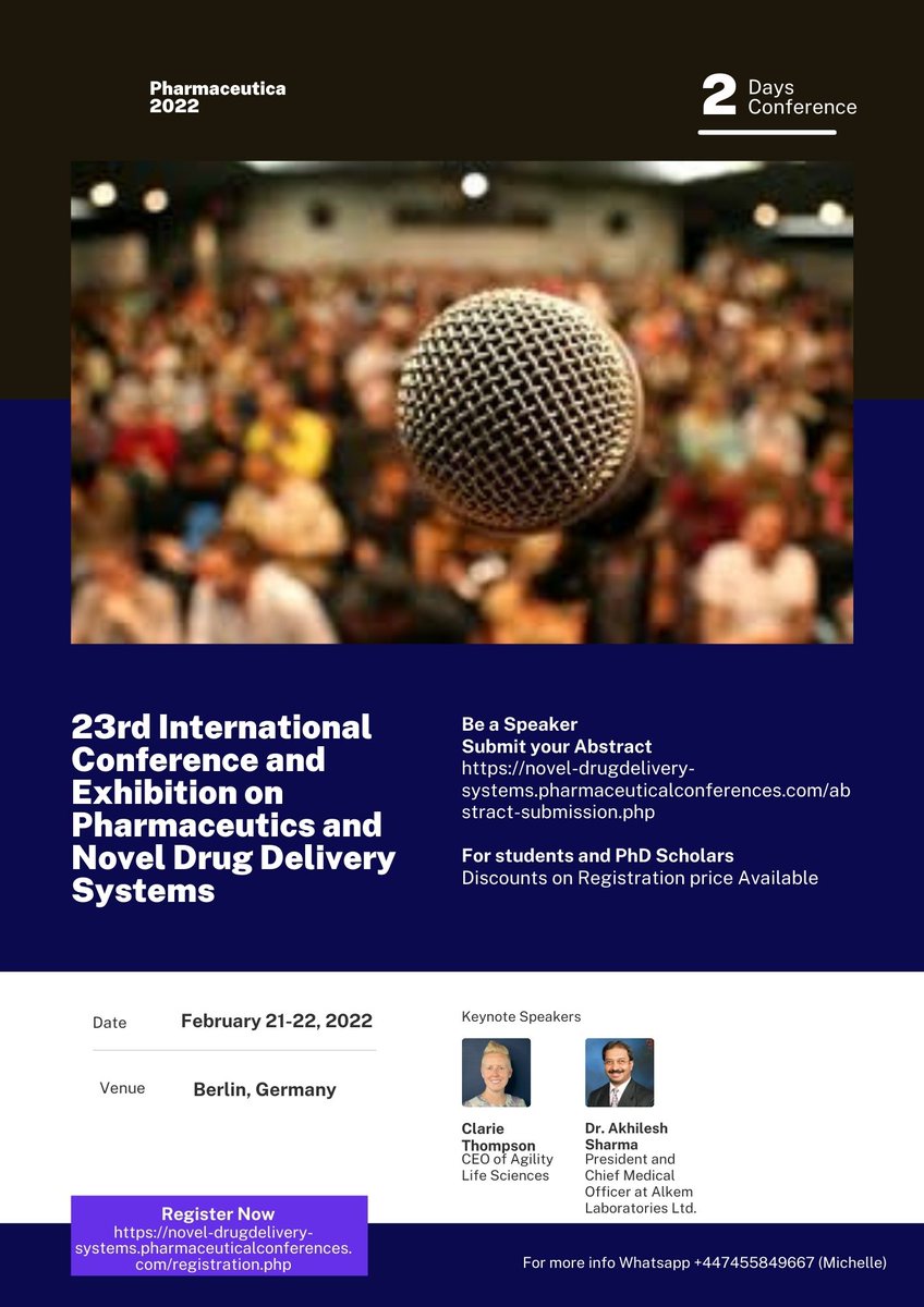 Michell44266813's tweet photo. Participate at Pharmaceutica 2022 Conference at Berlin, Germany
call open for Post docs and PhD Category people for young researcher award
WhatsApp +447455849667
Mail pharmaceuticalconferences76@gmail.com
#pharmaceutical #pharmaceuticalindustry  #drugdelivery #COVID19 https://t.co/nbJ5gE16JO