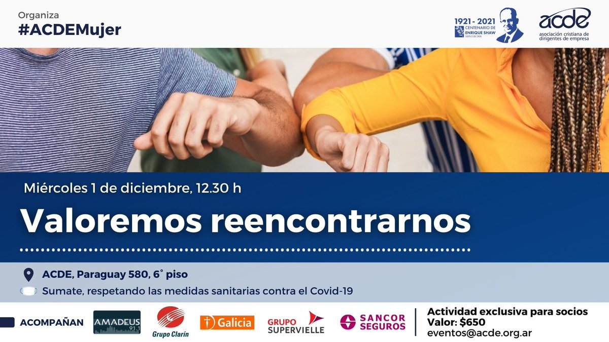 Invitamos a los socios de ACDE a esta actividad presencial organizado por #ACDEMujer. ¡No te lo pierdas!

🗓️ Miércoles 1 de diciembre, 12.30 h
📍 Paraguay 580, 6to piso, CABA
📌 Actividad arancelada. Exclusiva para socios
✅ Inscribite acá 👉 bit.ly/ACDEMujer1-12-…