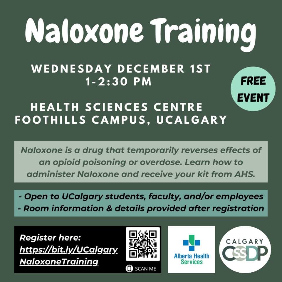 Event Announcement: Free Naloxone Training for Current UCalgary students, faculty, and employees on Dec 1st from 1-2:30PM at Foothills Campus! Register here: bit.ly/UCalgaryNaloxo…

#harmreductionsaveslives #naloxonesaveslives #naloxonetraining