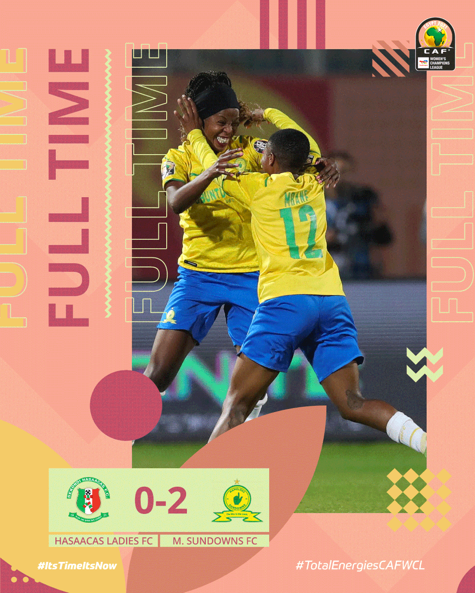 CAFwomen's tweet photo. FULL TIME!

🇬🇭 Hasaacas Ladies 0⃣-2⃣ Mamelodi Sundowns 🇿🇦

Two goals of Chuene Morifi and Andisiwe Mgcoyi earn the win for @SundownsLadies in the first #TotalEnergiesCAFWCL final! 🏆

#ItsTimeItsNow https://t.co/Ob06O5v9re