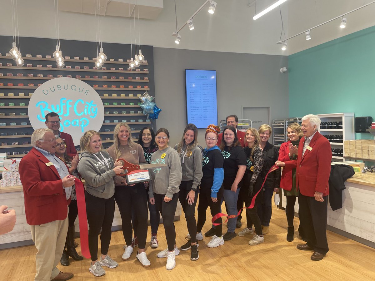 RyanSempf's tweet photo. Excellent time ⁦@BuffCitySoap⁩ in Dubuque for their ribbon cutting. If only you could smell photos 👃 😃 #DBQ ⁦@dubuquechamber⁩ https://t.co/XZTJEvwYPk