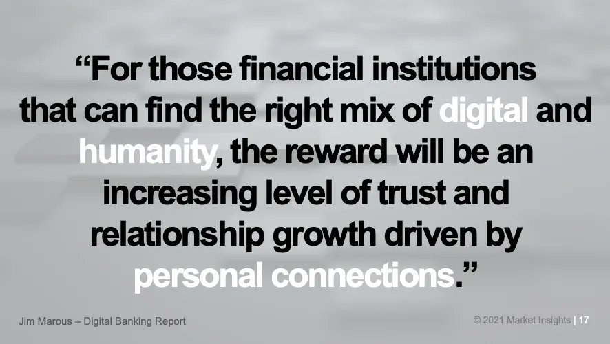 mi_jim's tweet photo. Sharing a quote from @JimMarous as I wrap up my presentation on "Strategies to Keep Banking Human" at @mncreditunions' #ACCELERATE21 conference. https://t.co/uagmhkMAaF