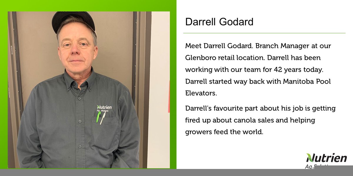 Meet Darrell Godard. Branch Manager at our Glenboro retail. He has been working with our team for 42 years, starting way back with Manitoba Pool Elevators.
Darrell's favourite part of the job is getting fired up about canola sales &amp; helping growers feed the world. 
#MeetTheStaff