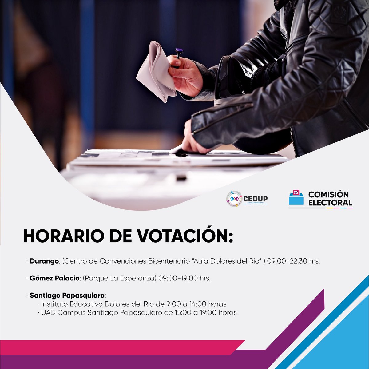 cedupmx17_21's tweet photo. Conoce los espacios y horarios en los que puedes ejercer tu derecho al voto en esta Jornada de Votación para elegir a la Presidencia y el Gabinete del @cedupmx 2021-2024. https://t.co/bl8sdSDqjz