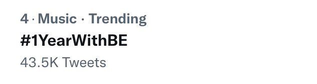 #1YearWithBE is trending at #4 worldwide celebrating the 1 year anniversary of BTS’ latest EP! 🎶

(<a href="/BTS_twt/">방탄소년단</a>)