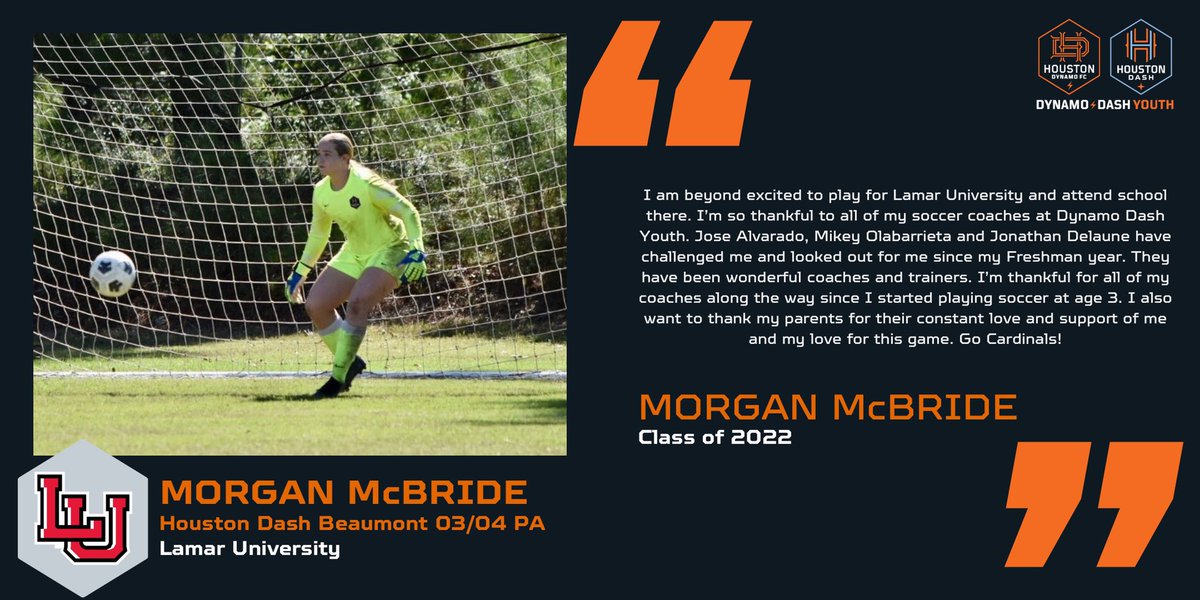 HTXSoccer's tweet photo. π¨ College Commitment! π¨
@Mo101soccer from the Houston Dash Beaumont 03/04 PA has committed to @LamarWSoccer. Congratulations, Morgan! β½π§‘
#dynamodashyouth #ddycollegecenter #ddycff #collegefitfinder #ddycommitted @HoustonDash @lamaruniversity https://t.co/BLPgreK7SF
