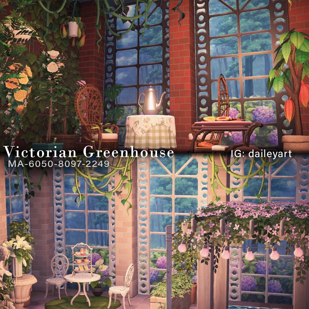 daileyart's tweet photo. Using the new Moss DIY "Glow-in-the-Dark Stickers I was able to make the Victorian Greenhouse of my dreams. 
Both colors are available via my creator code. Enjoy!
#ACNH #AnimalCrossingNewHorizons #ACNHDesign #acnhpattern https://t.co/GxxncrvjUf