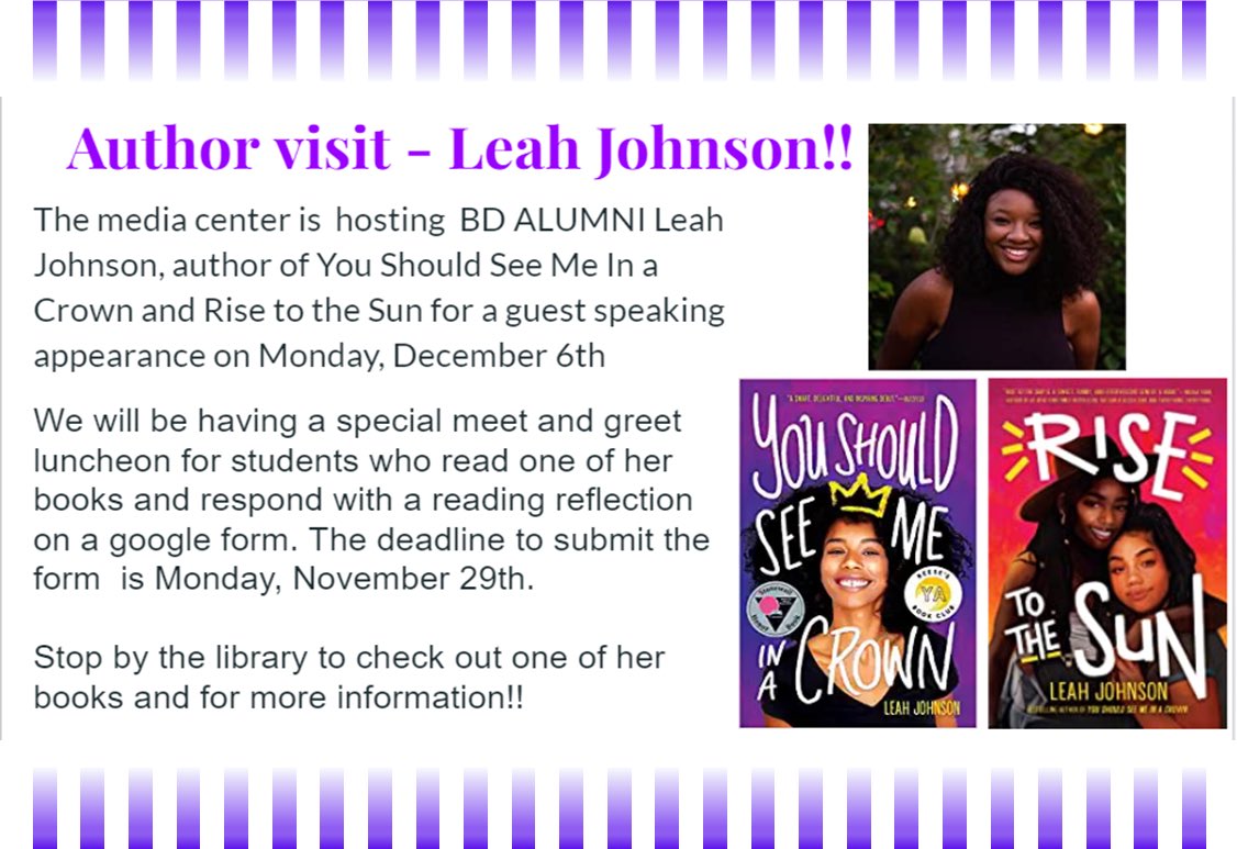 BDHS_MC's tweet photo. Exciting news! @byleahjohnson will be visiting BDHS on Monday Dec 6th. Stop by the MC to check out her books and get details about an invitation to meet her! https://t.co/R8ZHA4OyqX