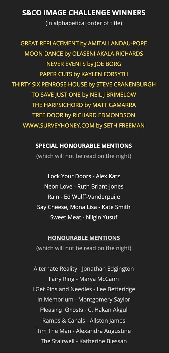 AMAZING response to the S&Co Image Challenge script comp! Judging was tough so there's a bumper crop of honourable mentions. Congrats to all winners, whose scripts will be performed by S&Co Actors from 7pm Tuesday 23 November. To join/compete: subscribe! scriptwritersandco.com