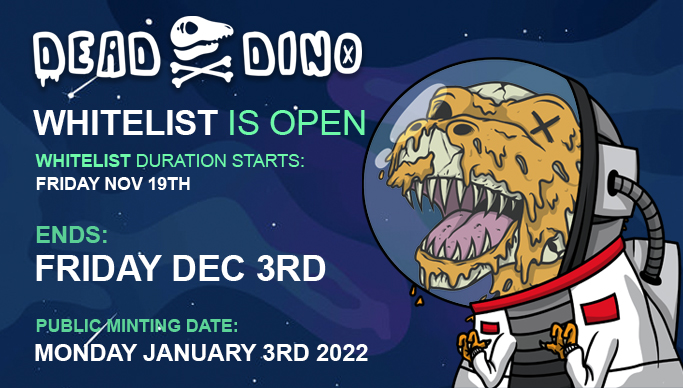 DeadDinoWorld's tweet image. 📣📣It’s that Time!!  

The 
@DeadDinoWorld 
 Whitelist is now open! 

Click the link below on how to be added to the @DeadDinoWorld   Whitelist
 deaddino.world/whitelist

Good luck to Everyone 💪🏼🎉

#nft #nftcollectors #NFT #nftart #Blockchain #OpenSeaNFT #opensea #Ethereum