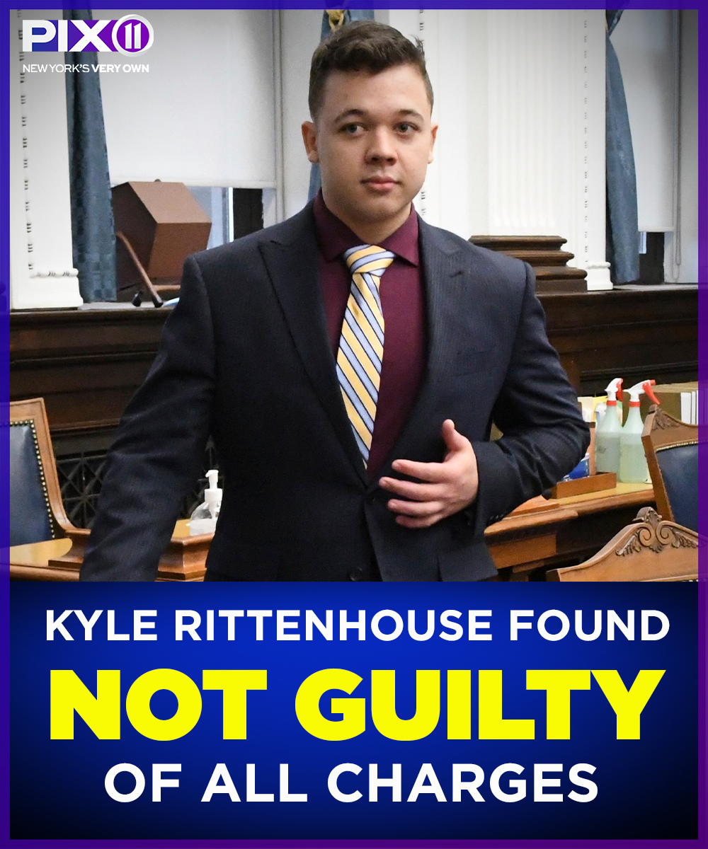 PIX11News's tweet photo. NOT GUILTY: Kyle Rittenhouse was just cleared of all charges in shootings that intensified debate over vigilantism, guns and racial injustice. The jury came back with a decision after close to 3 1/2 days of deliberations. https://t.co/1YqqkAA2y1