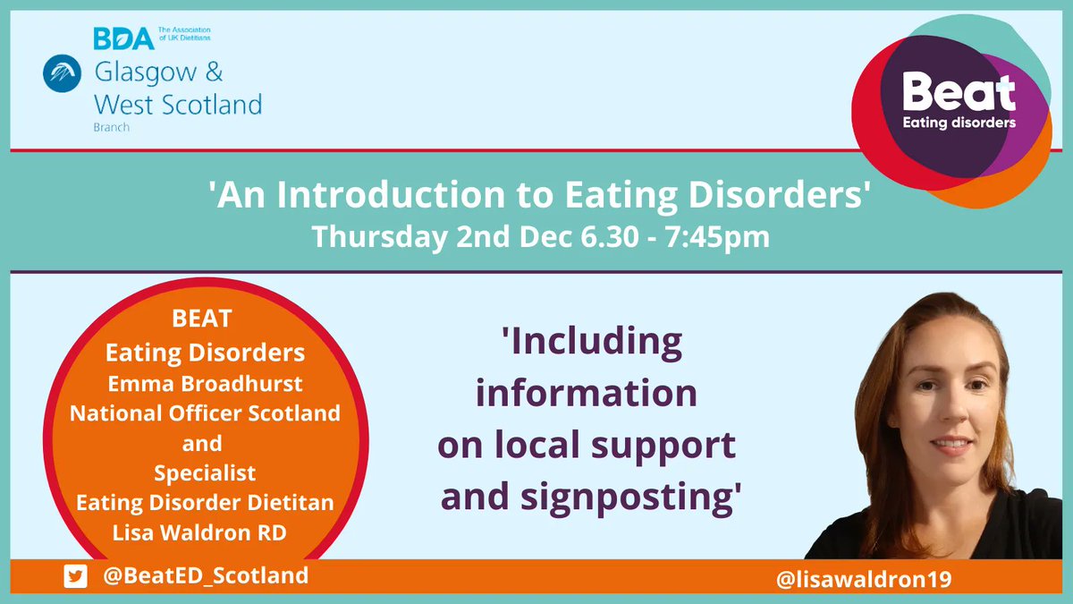 BDAWOSBranch's tweet photo. 📣 Our next webinar  'An Introduction to Eating Disorders' is coming up soon (2/12/21)! Lisa Waldron @lisawaldron19 will provide guidance to help those working in acute and community and Emma Broadhurst will also join us from Beat.
Tickets available here: https://t.co/vbXdxcDfuG https://t.co/Eeh3NzXIco