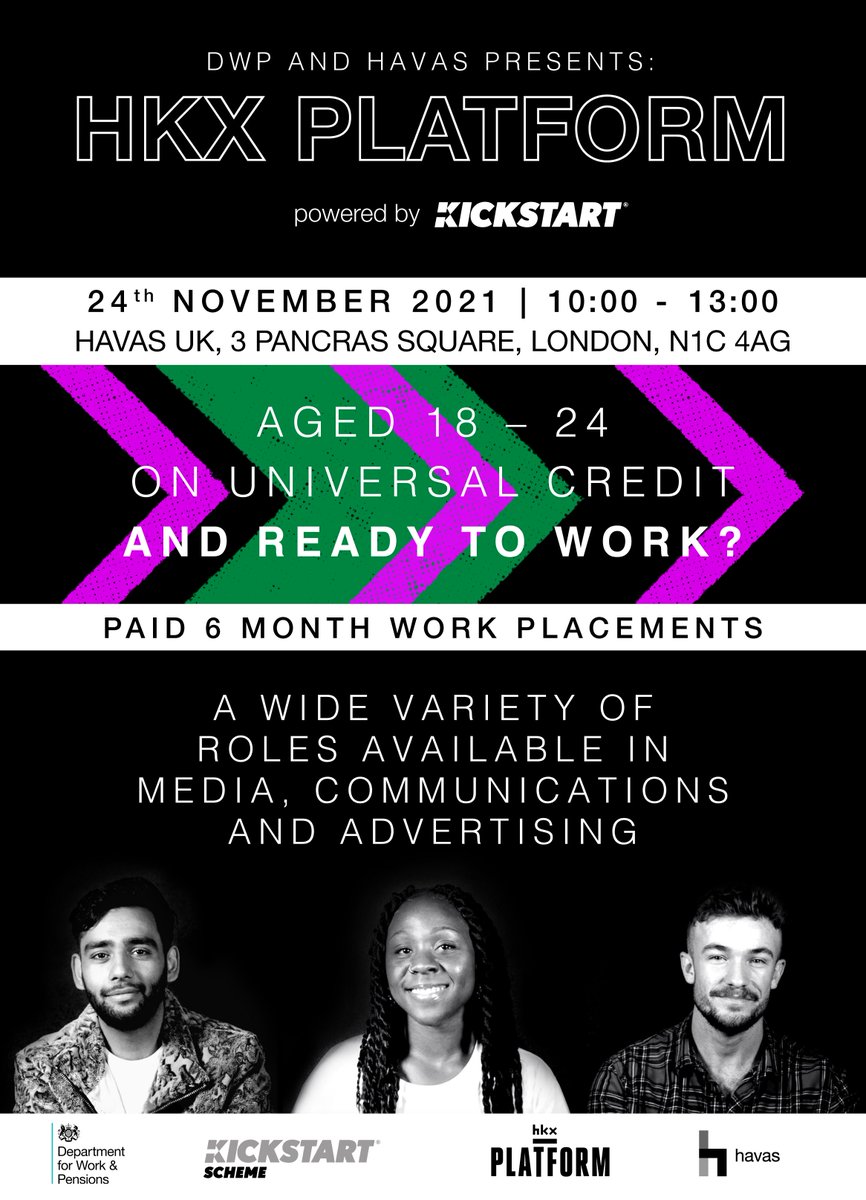HKX Platform event, Wednesday 24th November! 

Aged 18-24, on Universal Credit and ready to work? Then you'll want to come to this event! We have a wide variety of roles available, so please join us from 10am to find out more!