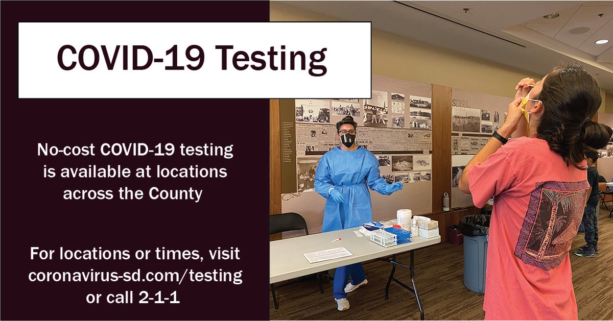 To find a County COVID-19 testing site, please visit coronavirus-sd.com/testing or call 2-1-1.