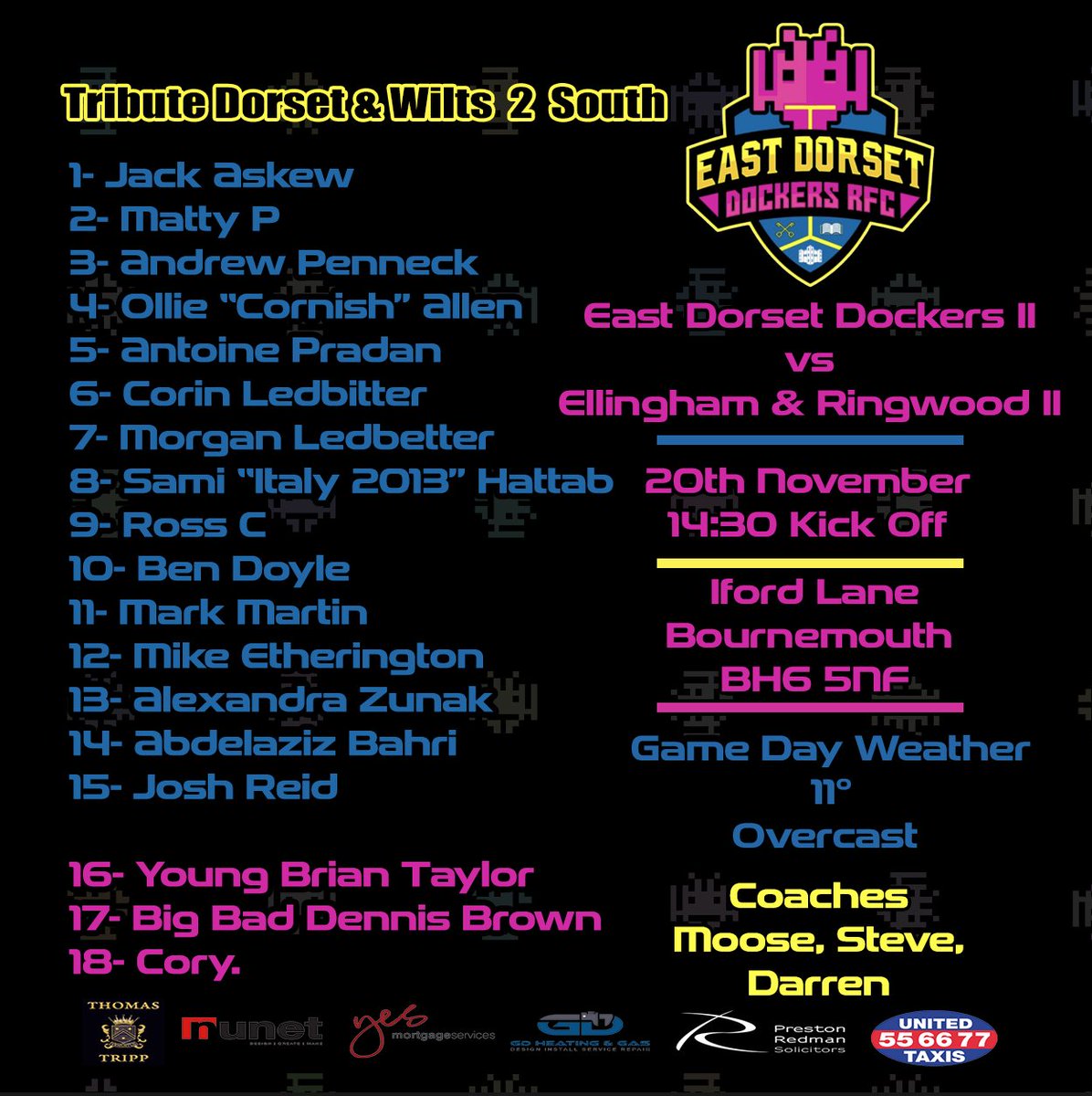 East Dorset Dockers Rugby Club (@eddrfc4) on Twitter photo Here are our #DoubleHeader teams for this weekend
looking forward to welcoming <a href="/Salisbury_RFC/">Salisbury RFC</a> & <a href="/ERRFC/">Ellingham & Ringwood</a> to Iford Lane
The club will be open all day and we'll be re-running the England game at 4:30pm followed by the rest of the rugby on our TVs Here are our #DoubleHeader teams for this weekend
looking forward to welcoming <a href="/Salisbury_RFC/">Salisbury RFC</a> & <a href="/ERRFC/">Ellingham & Ringwood</a> to Iford Lane
The club will be open all day and we'll be re-running the England game at 4:30pm followed by the rest of the rugby on our TVs