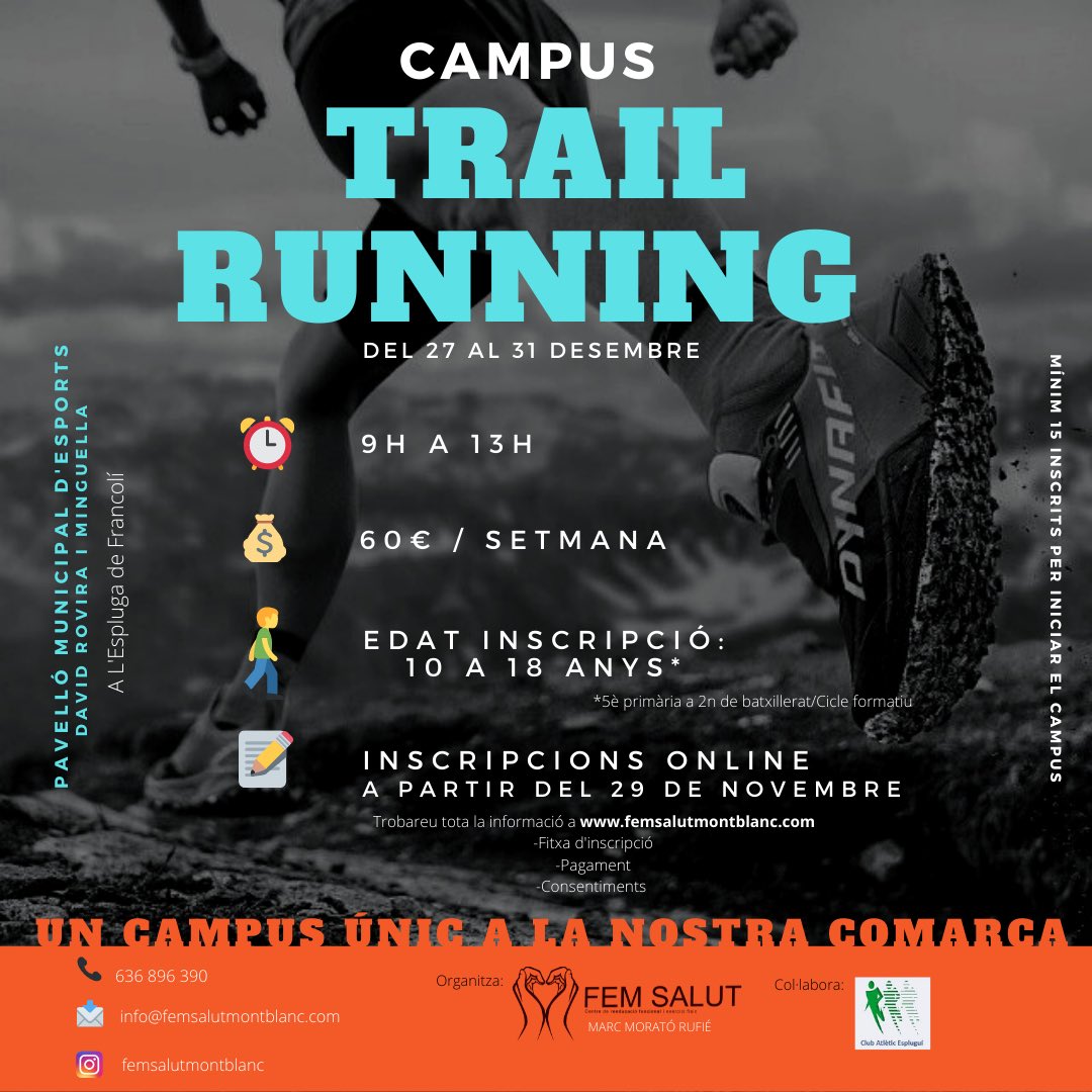 Marc_Moratorufi's tweet photo. 🌳I Campus Trail Running a la Conca de Barberà🏃

Per tots/es els adolescents 🤩

Segur que serà un CAMPUS ÚNIC per tots vosaltres 😘

Us hi esperem 🎅🏼🪵‼️

🎁Regals, sortejos, natura, entrenadors 🔝, aire lliure, companyerisme …🫂

@ConsellConca @ajtlespluga https://t.co/aZWi6tUDh8