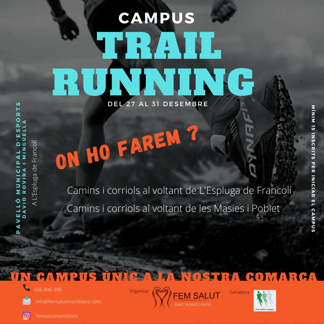 🌳I Campus Trail Running a la Conca de Barberà🏃

Per tots/es els adolescents 🤩

Segur que serà un CAMPUS ÚNIC per tots vosaltres 😘

Us hi esperem 🎅🏼🪵‼️

🎁Regals, sortejos, natura, entrenadors 🔝, aire lliure, companyerisme …🫂

<a href="/ConsellConca/">Consell Comarcal de la Conca</a> <a href="/ajtlespluga/">Ajuntament de l'Espluga Francolí</a>