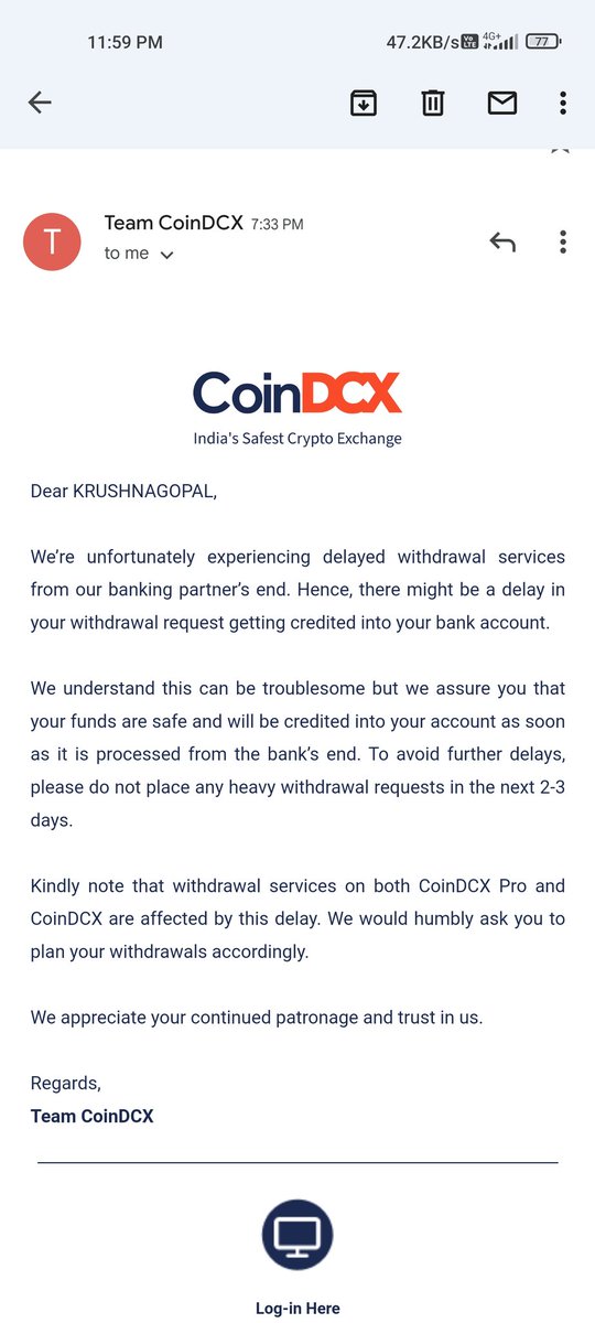 Krushnagopal101's tweet photo. Hey @CoinDCX , @CoinDCX_Cares , @smtgpt , Will you please look onto my problem, I did a withdrawal from Coindcx pro At 15th nov at 9:30 in night, As per your service all withdrawals will be clear within 3-4 working days, But still I didn't get my money in my bank on day 4. https://t.co/OSvO1vNT68