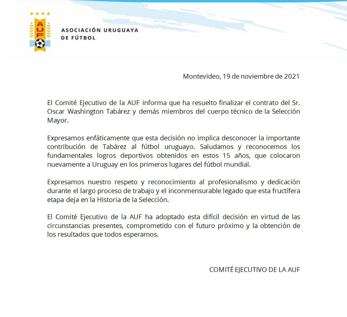 Uruguay's tweet photo. 📣 Comunicado de la AUF - 19/11/2021 https://t.co/OSVXn2qpG4