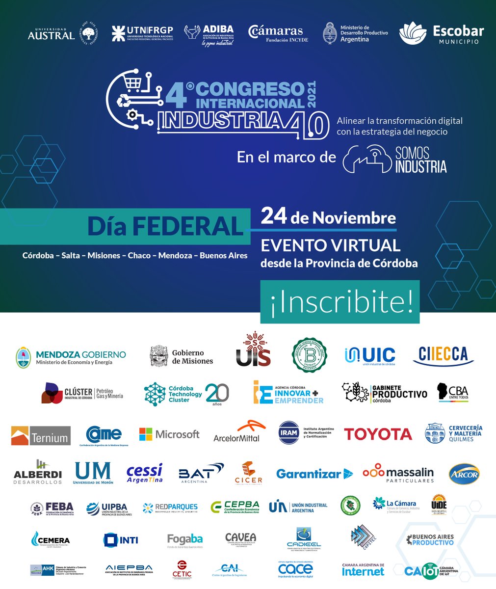 Se viene una nueva edición del <a href="/congreso4_0/">8°Congreso Internacional de Transformación Digital</a> , la oportunidad de poner en paralelo el conocimiento con la actividad industrial.

🗓️ 24/11 - Día Federal (Desde #Córdoba)

➡️Inscripción: somosindustria.org
➡️Agenda y más info: industria40arg.com.ar