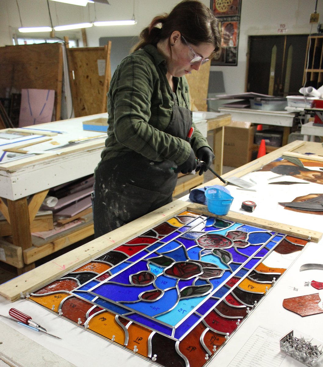 BovardStudio's tweet image. This series of photos shows pieces of Bovard’s process when building a custom stained glass window. Pattern drafted, glass cut, painted and kiln fired, assembled, and cemented by our talented team of artists and craftspeople.

#customwindow #bovardstudio #artglass #fairfieldia