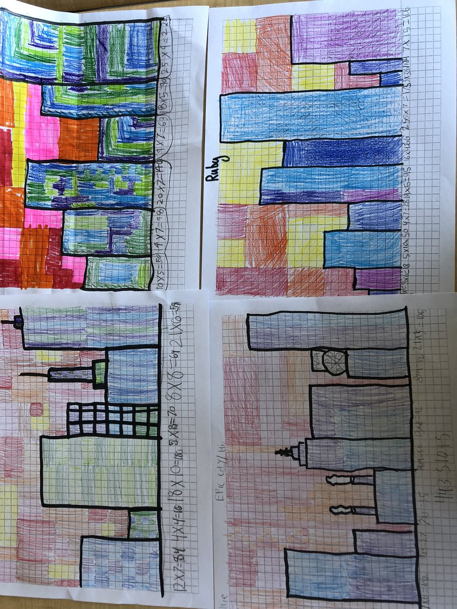 @MautawalliArt planned an art &amp; math lesson for us to do! Task: Use warm/cool colors &amp; arrays to create a  cityscape 🏙 Ss ended up exploring solving 2digit x 1digit numbers using the X strategies we’ve learned. The math convos &amp; conclusions were amazing! <a href="/APSCardinalElem/">Cardinal Elementary</a>