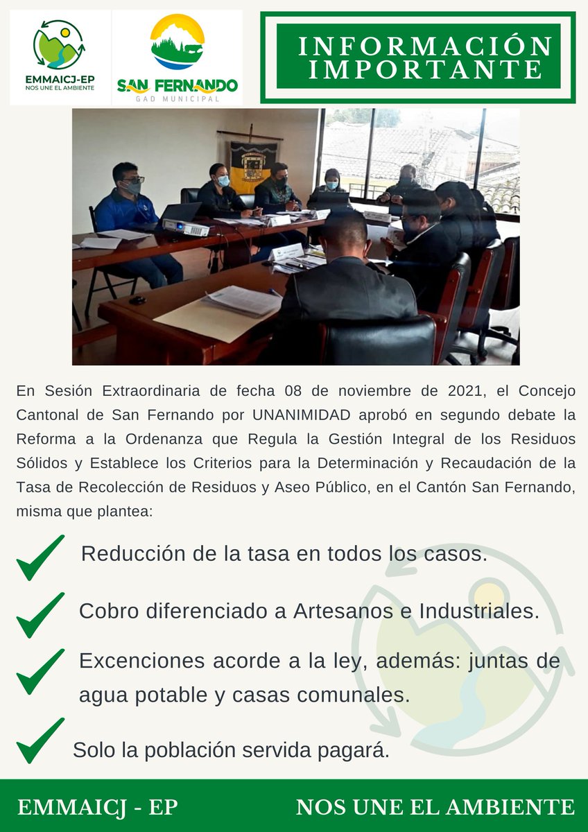 EmmaicjE's tweet photo. La reforma a la Ordenanza aprobada por el Concejo Cantonal de San Fernando, así como toda la información referente a la #EMMAICJEP, puede ser revisada en la página web https://t.co/cH2k2vfaPd  
✅Reforma a la Ordenanza Cantón San Fernando
https://t.co/HRelLJldRk https://t.co/fpu9RLdz6N