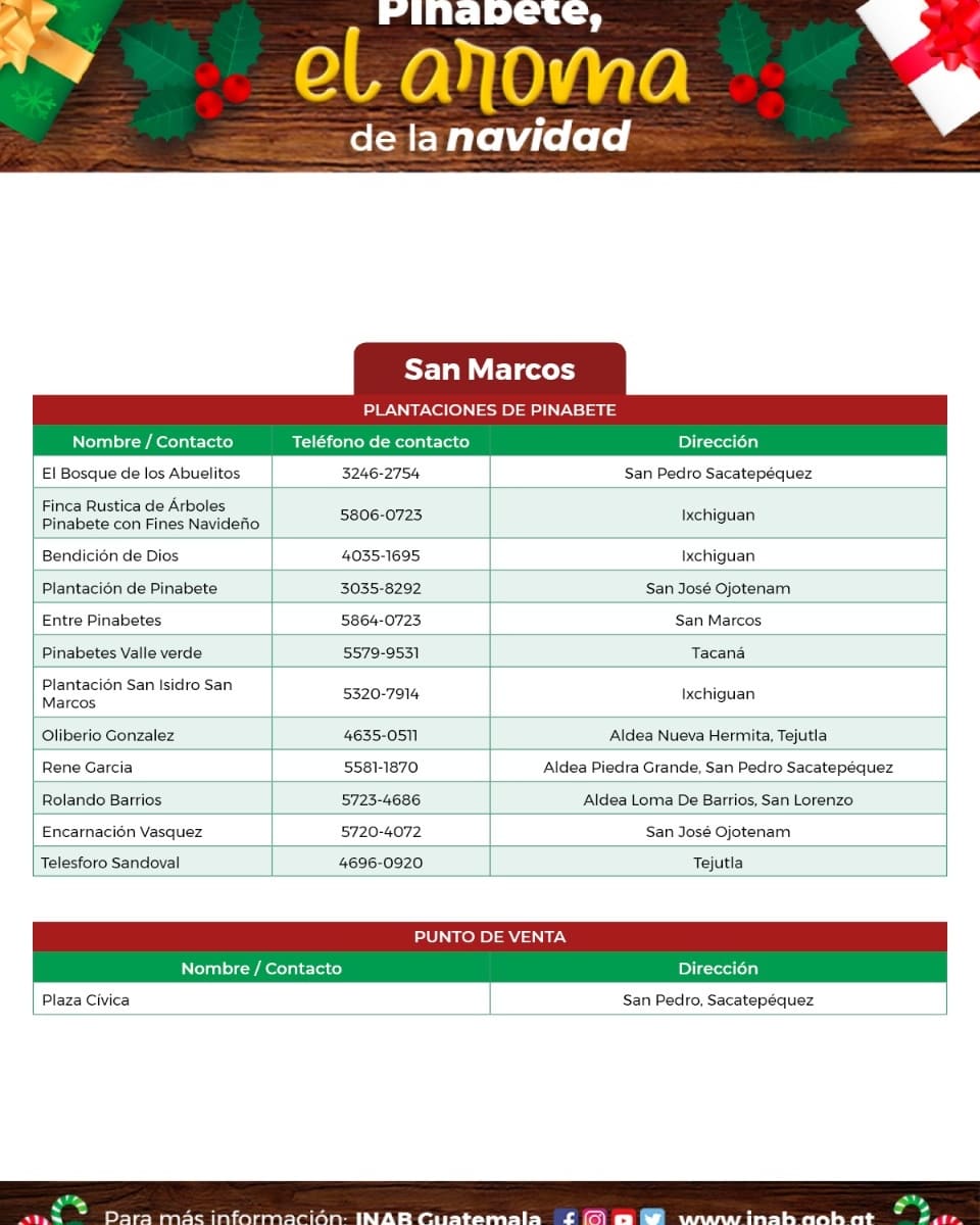 CONAPgt's tweet photo. El #𝐂𝐎𝐍𝐀𝐏 te comparte  los puntos de venta de #Pinabete 🌲 legal con el marchamo blanco de INAB/CONAP y blanco con fondo negro para subproductos (coronas y guirnaldas).

¡Juntos protejamos nuestros bosques!🇬🇹🌱 1/2

#CompraLegal #CompraConMarchamo #PinabeteConMarchamo https://t.co/hMZWKLNvDI