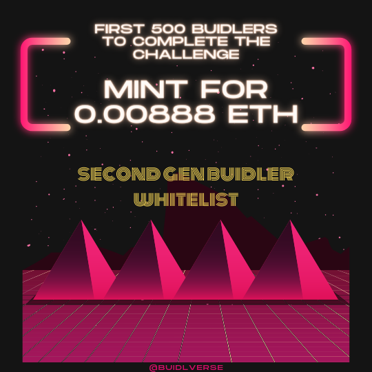 buidlverse's tweet photo. 🚨Second Gen WL Open🚨

Early BUIDLers get the rewards.  

🏗️We are whitelisting the first 500 BUIDLers who complete this challenge. 

🏗️Second Gen BUIDLers will be able to mint for 1 BUIDL for 0.00888 ETH when we enable minting next month!

Here's what you need 👇👇👇 https://t.co/0CyJ2U7QAJ