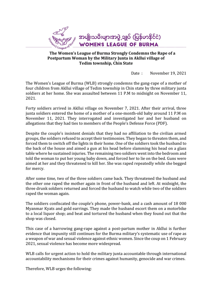 zoyaphan's tweet photo. A mother of 4 children in Chin State, Burma, has been gang-raped by soldiers of the Burmese military. For decades, the Burmese military has been using rape and sexual violence as weapons of war, it is systematic and widespread. #PSVI @end_svc Statement by @womenofburma 👇 https://t.co/47Ic4DpdJd