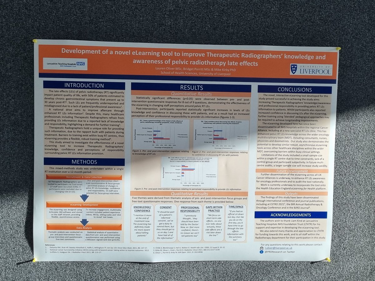 Delighted to present our poster on #RTLateEffects #eLearning at #LCRI21 @RevDrMikeK Bridget Porritt.
Fantastic multidisciplinary sessions this morning on studies to benefit early diagnosis and PPI in #Cancerresearch.

@LivCancerRes @LivUniRT @LivResearcher #PelvicRadiationDisease