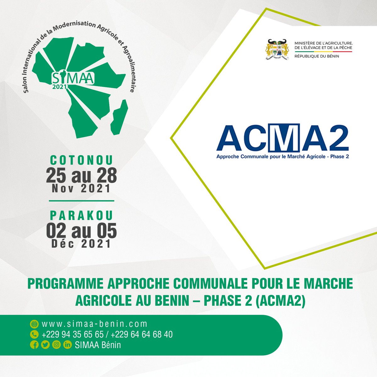 SimaaBenin's tweet photo. Ils seront bien présents au SIMAA!
Le programme « Approche communale pour le marché agricole au Bénin – phase 2 » (ACMA2)
Tél : +229 97 89 20 46 / +229 66 37 93 19
#simaabenin #agriculture #afrique #MAEP 
https://t.co/jt31Ieokba https://t.co/JCQsxqVoM6