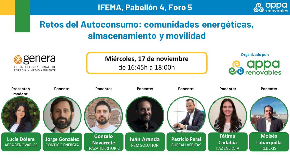 🗣️ <a href="/tunupower/">Iván Aranda</a>, jefe del área de energía en <a href="/R2MSolution/">R2M Solution</a>, participó en la conferencia "Retos del Autoconsumo: comunidades energéticas, almacenamiento y movilidad" en la <a href="/FeriaGenera/">GENERA</a>.
👏🏼Gracias a todos los asistentes, al resto de ponentes y a <a href="/APPA_Renovables/">APPA Renovables</a> por la organización.