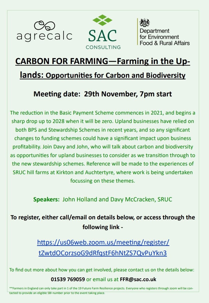 A range of meetings coming up that will be of interest to a variety of farm businesses. Free to attend, an hour each on Zoom, easy to register by contacting FFR@sac.co.uk