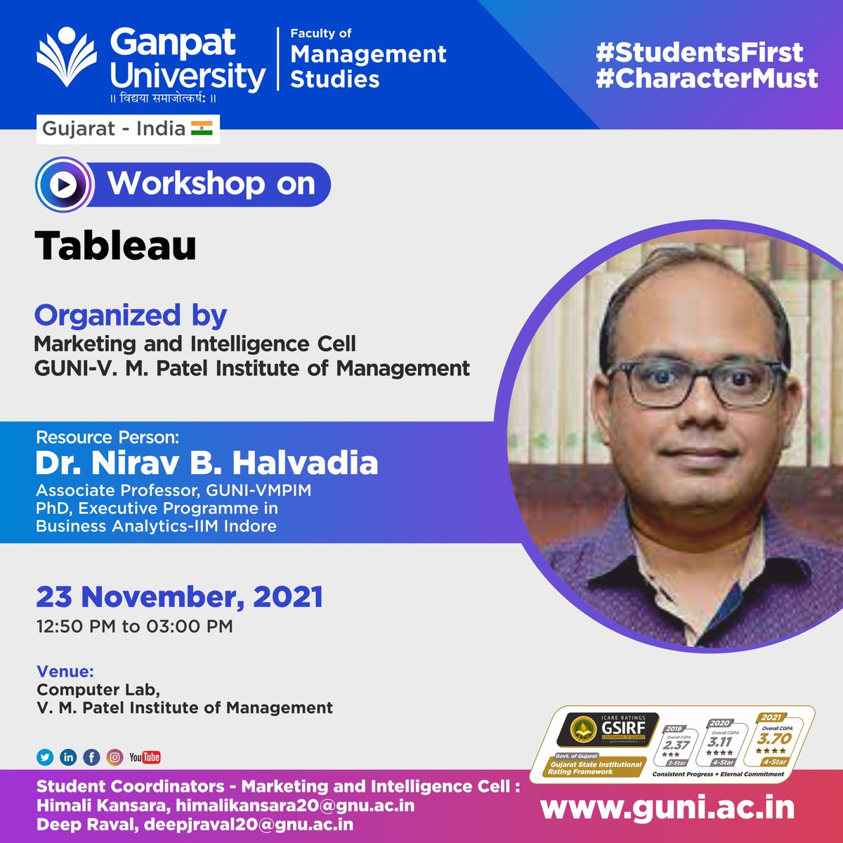 VMPatelInstitu1's tweet photo. Marketing and Intelligence Cell of GUNI-V. M. Patel Institute of Management is going to organize a workshop on Tableau on November 23rd, 2021.
#Inteligence #Analytics #Tableau https://t.co/gfPRvAKNB1