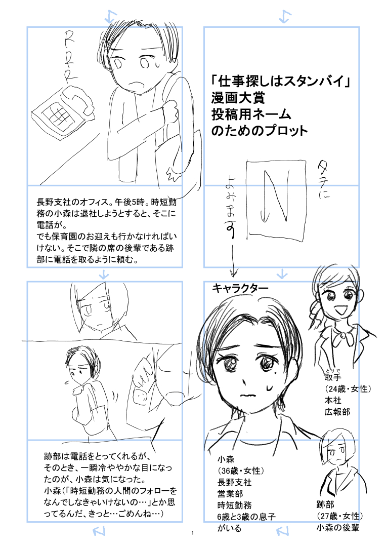 ◆新作プロットだよ！

#スタンバイで仕事が見つかった の漫画賞に投稿しよう思って描きました。社内報は載る社員をヒーローにしてくれる。それを作る人もヒーローになりえる。と、伝えたかったけどその腕が無くて届かぬ。(1/2) https://t.co/SCynthEuBz
