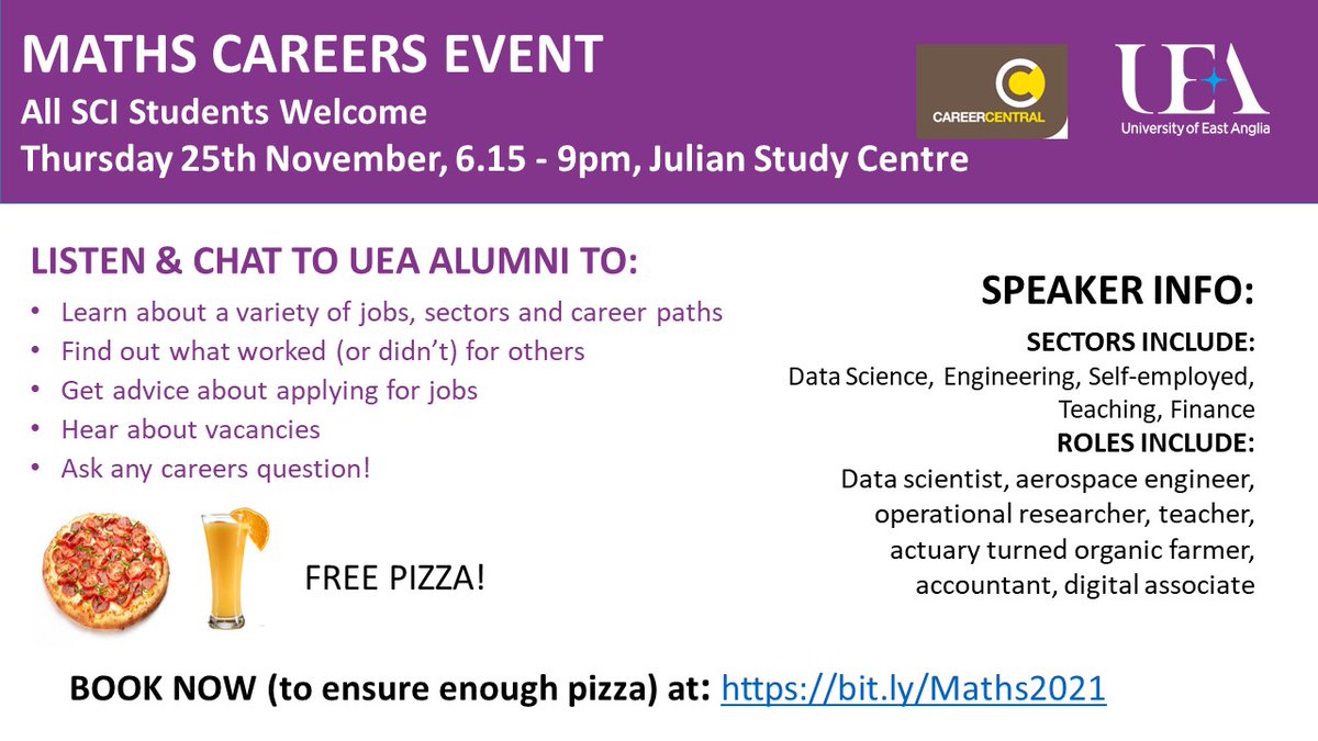 Join our MTH Careers Event next Thursday to get advice on anything career related to the field of Mathematics, chat to UEA alumni and enjoy free pizza! Book your spot now to let us know you are attending at bit.ly/Maths2021