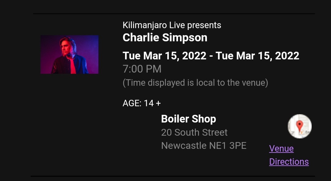 The hype is real now !! Only gone and secured a ticket for <a href="/CharlieSimpson/">Charlie Simpson</a> next year in Newcastle and at the Boiler Shop again which is a cracking venue !!

Looking forward to hearing new CS stuff and the album. Gonna be 🔥

 #HopeIsADrugTour