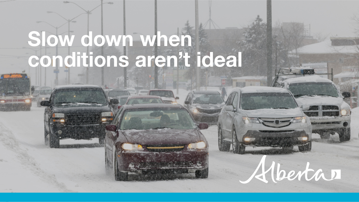 ABTransComm's tweet photo. The posted speed limit is intended for ideal road conditions. 

Remember to drive according to the conditions of the weather, the road, and your vehicle. #ABRoads #drivingtips #winterdriving https://t.co/xg9axhveov