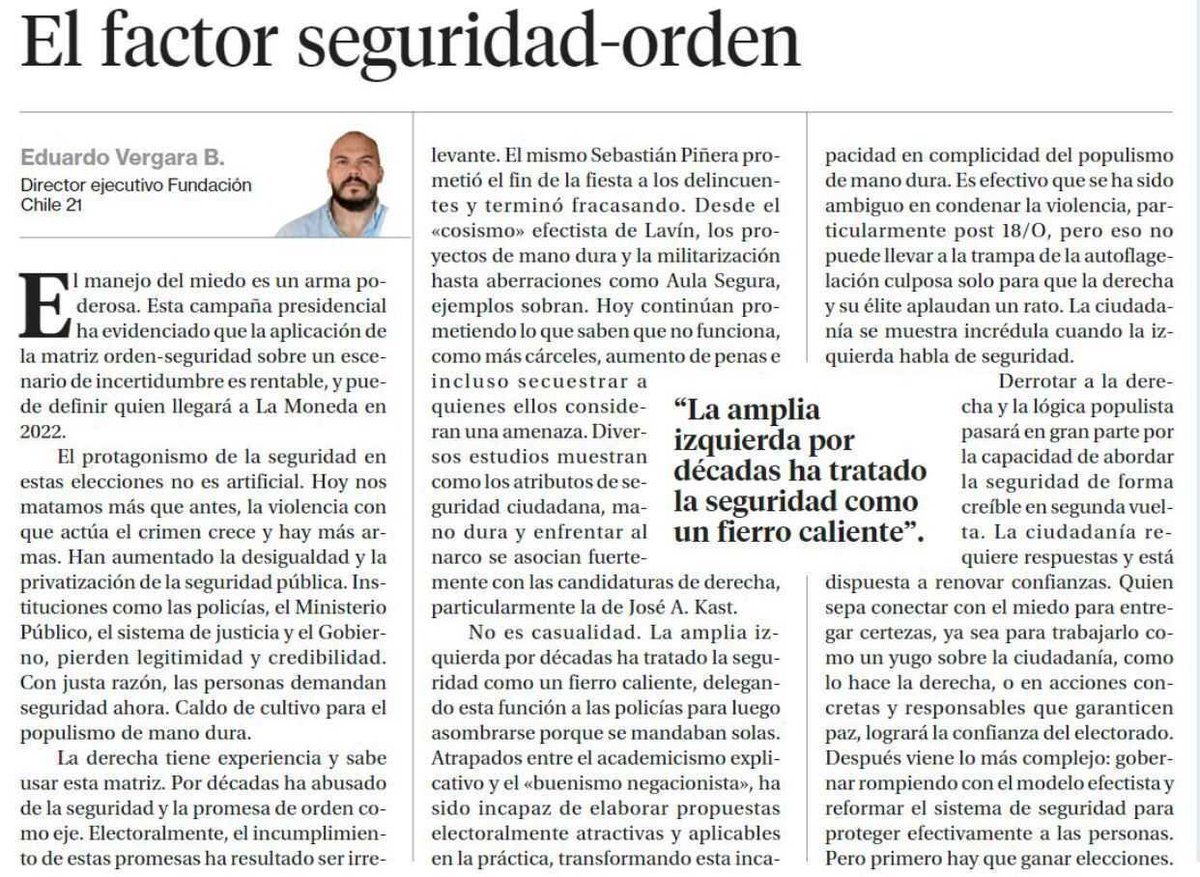 LabSeguridad's tweet image. [Columna] El factor seguridad – orden por @EduardoVergaraB 

"El manejo del miedo es un arma poderosa. Esta campaña presidencial ha evidenciado que la aplicación de la matriz orden-seguridad sobre un escenario de incertidumbre es rentable"

monitordeseguridad.org/prensa/el-fact…