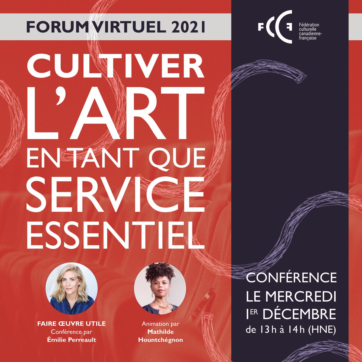 ✨Inscrivez-vous dès maintenant au Forum virtuel 2021 de la FCCF - Cultiver l'art en tant que service essentiel 👉bit.ly/3kS8zx9
📜Au programme, la grande conférence « Faire œuvre utile » d'@emilieperreault !
🎙️Animation➡️Mathilde Hountchégnon <a href="/lyrissiste/">Mathilde Hountchegnon</a>
