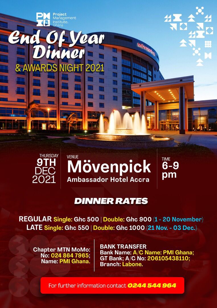 PMIGHChapter's tweet photo. Some few days to Dinner tickets sales closure. 

Get your regular tickets now so not to miss out of the fun.

#PMI #PMIGh #PMIGhana #PMIGhChapter #PMIGhanaChapter #AnniversaryDinner #PMIGhanaAt10 #PMIGh10 #10thAnniversary https://t.co/f0VIlBxesL