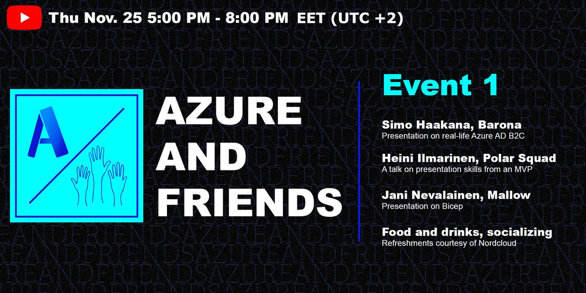 Our first event is happening next week on Thursday, 25th of November at 5:00-8:00 PM EET (UTC +2) 🤩
If you want to come and mingle live, register at:
linkedin.com/events/azure-f…
Or join the live stream at:
youtu.be/rLtpKBEeryw

Can't wait to see you there!