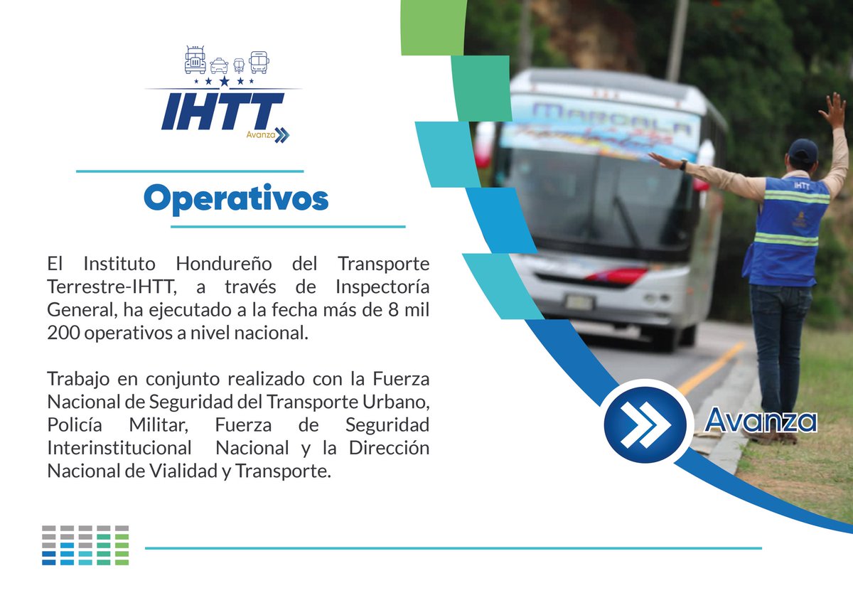 IHTT_HN's tweet photo. #DatodeInterés

✅ El #IHTT a través de Inspectoría General, ha ejecutado a la fecha más de 8,200 operativos a nivel nacional. 

Trabajo en conjunto con @FNSTUHonduras, @PMOP016, @fusinahn y @dnvt_honduras.

@RafaelRuizP_ @PyubaniWilliams https://t.co/MoNO4WuIy3