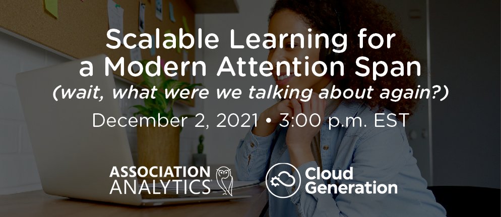 We're teaming up w/ our friends <a href="/AssocAnalytics/">AssociationAnalytics</a> for a webinar on 12/2!

Join us to chat scalable #learning and how to keep things engaging + trackable in an era of waining attention spans...still with us? :) Grab a spot and we'll see you in a couple weeks:
hubs.la/H0_q1Cx0