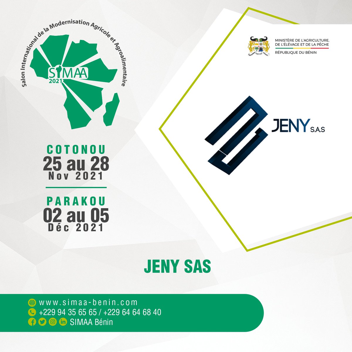 SimaaBenin's tweet photo. Ils seront bien présents au SIMAA!
La référence en matière de FAI au Bénin. JENY SAS Est Un Opérateur Global De Télécommunications. 
Tél : +229 97 89 20 46 / +229 66 37 93 19
 #simaabenin #agriculture #afrique #MAEP 
 https://t.co/jt31Ieokba https://t.co/VSHVzdIEj4
