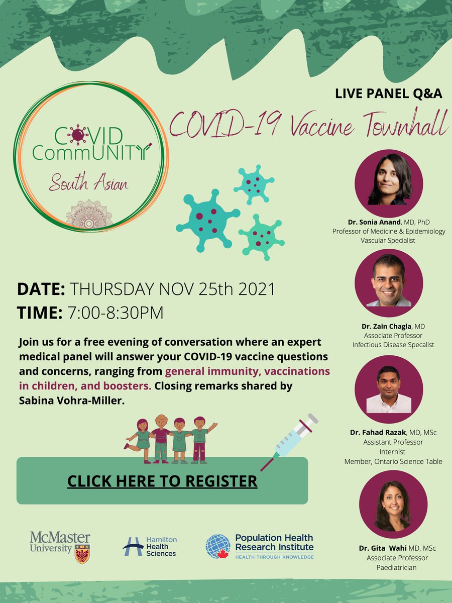 In light of the #pfizer #COVID19vaccines approval in kids, excited to partner again w/
<a href="/NonPlainJane/">Sujane Kandasamy</a> to facilitate this convo alongside a #star studded panel ft <a href="/DrSoniaAnand1/">Dr. Sonia Anand</a> <a href="/zchagla/">Zain Chagla</a> <a href="/DrFahadRazak/">Fahad Razak</a> <a href="/gitawahi/">Gita Wahi</a> &amp; <a href="/SabiVM/">Sabina Vohra-Miller</a>! Registration link: bit.ly/3x1DL1M 
<a href="/PHRIresearch/">PHRI.ca Population Health Research Institute 🇨🇦</a>