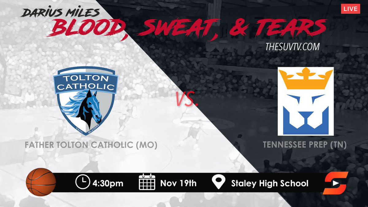 SUVtv's tweet photo. Darius Miles presents Blood, Sweat &amp; Tears

🏀Father Tolton Catholic (MO) vs. Tennessee Prep (TN)
📅Nov. 19
⏰4:30pm CST
📍Staley HS - KCMO
🎟https://t.co/mNUWjcjLES
📺https://t.co/j0Hx6wSDrM

@Toltonbball @tennprepacademy  @coachrayford @JustinWBrantley @JadenWebb13 https://t.co/iLV3xENfd8